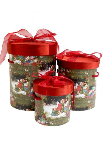 Набор из трёх высоких круглых новогодних подарочных коробок с мягкой атласной крышкой, отделка матовой бумагой с рисунком "Снеговики", размер d14*h18,5 см.
