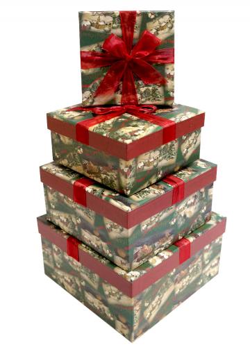 Набор из четырёх квадратных новогодних подарочных коробок, отделка матовой бумагой с рисунком "Новогодний пейзаж", размер 23*23*12 см.