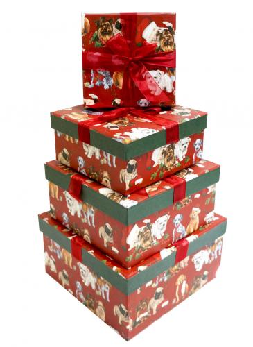 Набор из четырёх квадратных новогодних подарочных коробок, отделка матовой бумагой с рисунком "Щенки", размер 23*23*12 см.