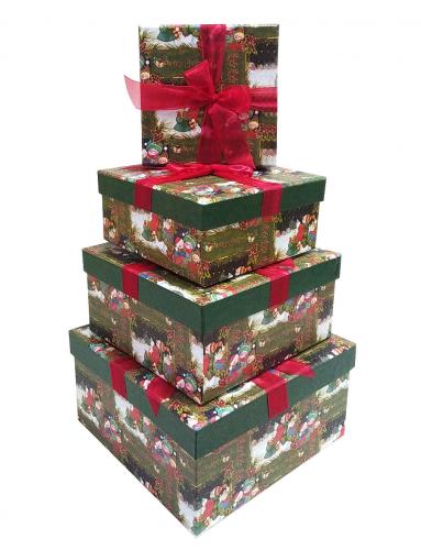 Набор из четырёх квадратных новогодних подарочных коробок, отделка матовой бумагой с рисунком "Снеговики", размер 23*23*12 см.