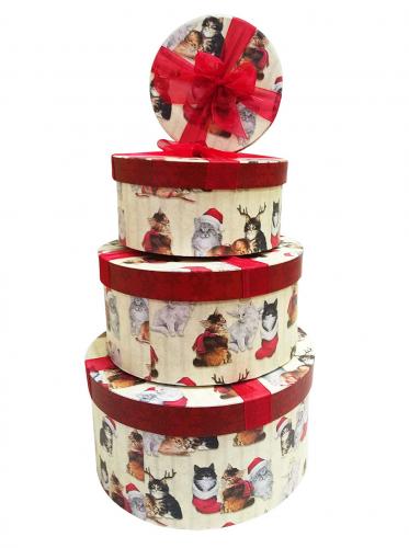 Набор из четырёх круглых новогодних подарочных коробок, отделка матовой бумагой с рисунком "Котята", размер d23*h12 см.