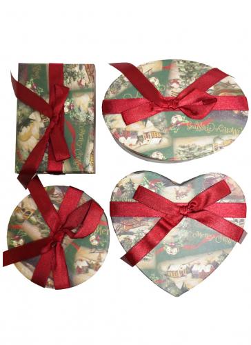 Набор из четырёх новогодних подарочных коробок разной формы, отделка матовой бумагой с рисунком "Новогодний пейзаж"