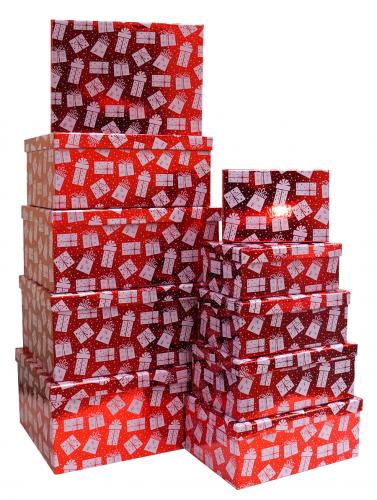Набор из десяти прямоуголных новогодних подарочных коробок, отделка блестящей бумагой с рисунком "Подарки красный блеск", размер 37*28*17 см.