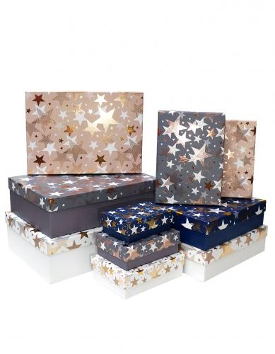 Набор из десяти прямоугольных подарочных коробок, отделка матовой бумагой с тиснением и рисунком Звёзды, размер 37*27*11 см.