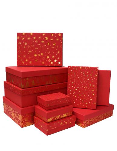Набор из десяти новогодних прямоугольных подарочных коробок красного цвета, отделка матовой бумагой с золотым тиснением, размер 37*27*11 см.