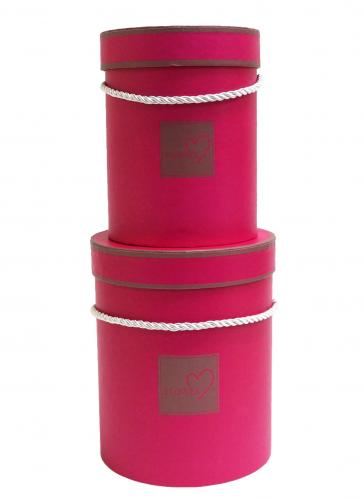 Набор из двух круглых малиновых подарочных коробок с ручками, размер d14*h18 см.