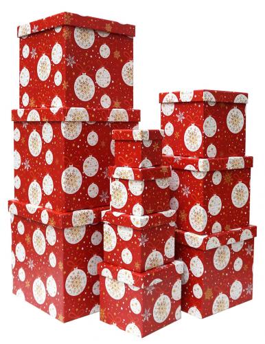 Набор из десяти квадратных новогодних подарочных коробок, отделка матовой бумагой с рисунком "Шары и снежинки", размер 26*26*26 см.