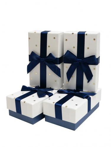 Прямоугольные подарочные коробки с золотистым рисунком "Звёздочки" и бантом из ленты, цвет белый, размер 15*8*5,5 см.