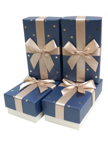 Прямоугольные подарочные коробки с золотистым рисунком "Звёздочки" и бантом из ленты, цвет синий, размер 15*8*5,5 см.
