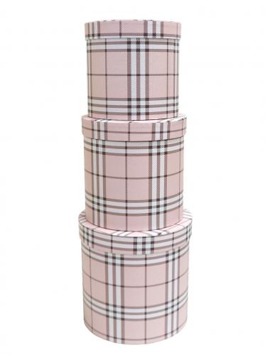 Набор из трёх шляпных круглых подарочных коробок розового цвета в клеточку, размер d19*h19 см.