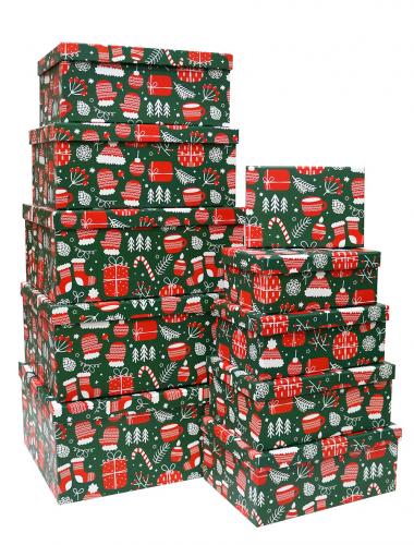 Набор из десяти прямоуголных новогодних подарочных коробок, отделка матовой бумагой с рисунком "Орнамент на зелёном фоне", размер 37*28*17 см.