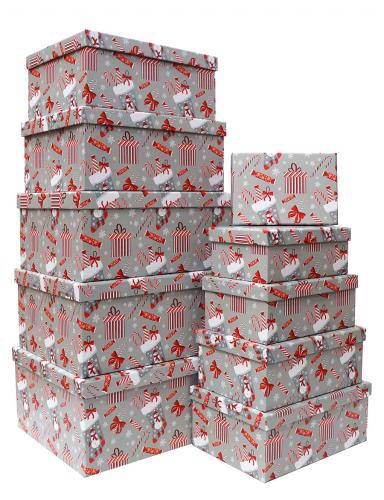 Набор из десяти прямоуголных новогодних подарочных коробок, отделка матовой бумагой с рисунком "Орнамент снеговик", размер 37*28*17 см.