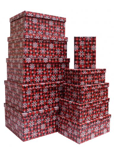 Набор из десяти прямоуголных новогодних подарочных коробок, отделка матовой бумагой с рисунком "Снежинки и клеточка", размер 37*28*17 см.