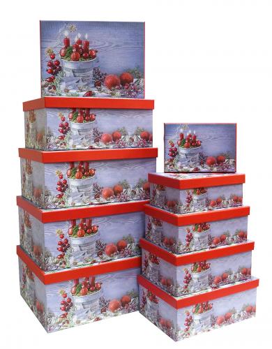 Набор из десяти прямоуголных новогодних подарочных коробок, отделка матовой бумагой с рисунком "Свечи", размер 37*28*17 см.