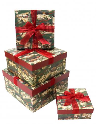 Набор из четырёх квадратных новогодних подарочных коробок, отделка матовой бумагой с рисунком "Новогодний пейзаж", размер 22*22*12 см.