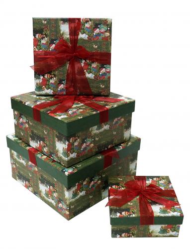 Набор из четырёх квадратных новогодних подарочных коробок, отделка матовой бумагой с рисунком "Снеговики на зелёном фоне", размер 22*22*12 см.