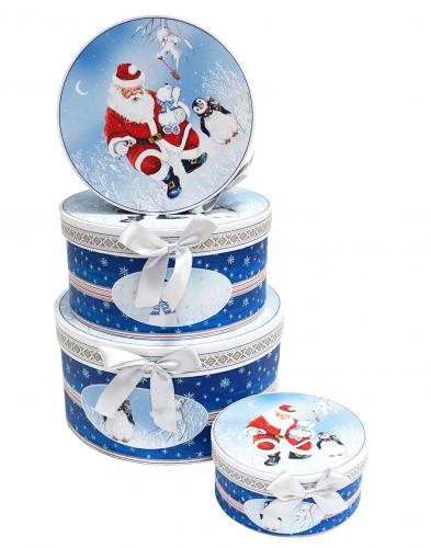 Набор из четырёх круглых новогодних подарочных коробок, отделка матовой бумагой с рисунком "Дед Мороз и пингвин", размер d22*h12 см.
