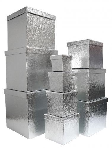 Набор из десяти квадратных подарочных серебряных коробок, размер 26*26*26 см