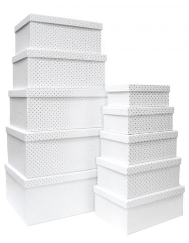 Набор из десяти прямоугольных подарочных коробок белого цвета, отделка матовой бумагой с тиснением серебряными точками, размер 37*28*17 см.