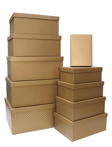 Набор из десяти прямоугольных подарочных коробок бронзового цвета, отделка матовой бумагой с тиснением серебряными точками, размер 37*28*17 см.