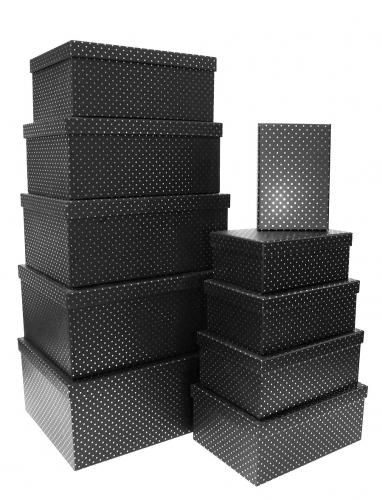 Набор из десяти прямоугольных подарочных коробок черного цвета, отделка матовой бумагой с тиснением серебряными точками, размер 37*28*17 см.