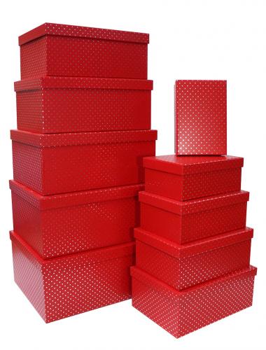 Набор из десяти прямоугольных подарочных коробок красного цвета, отделка матовой бумагой с тиснением серебряными точками, размер 37*28*17 см.