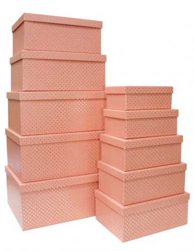 Набор из десяти прямоугольных подарочных коробок персикового цвета, отделка матовой бумагой с тиснением серебряными точками, размер 37*28*17 см.