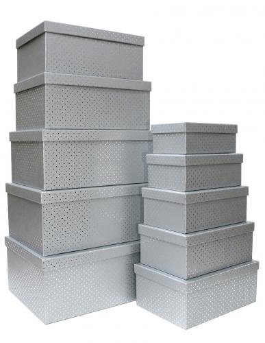 Набор из десяти прямоугольных подарочных коробок серебряного цвета, отделка матовой бумагой с тиснением серебряными точками, размер 37*28*17 см.