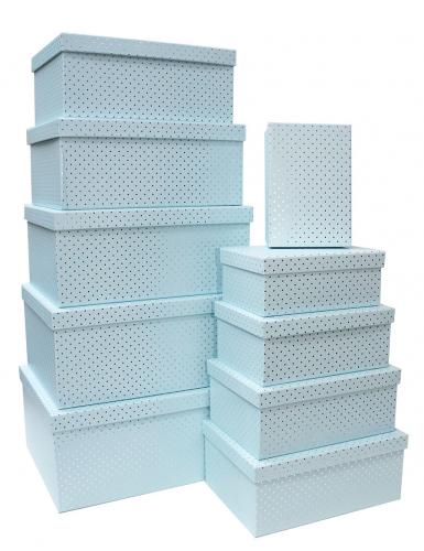 Набор из десяти прямоугольных подарочных коробок голубого цвета, отделка матовой бумагой с тиснением серебряными точками, размер 37*28*17 см.