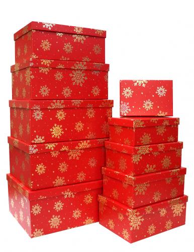 Набор из десяти новогодних прямоугольных подарочных коробок красного цвета, отделка матовой бумагой с тиснением "Снежинки", размер 37*28*17 см.