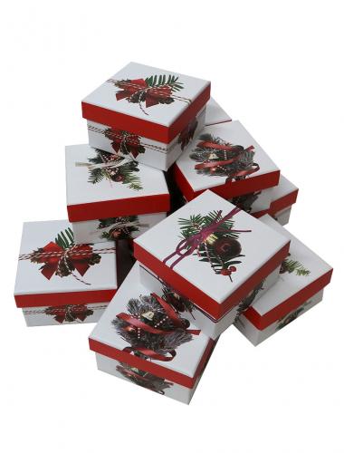 Набор из 12 квадратных новогодних подарочных коробок, отделка матовой бумагой с рисунком "Новогодние украшения", размер 9,5*9,5*5,5 см.