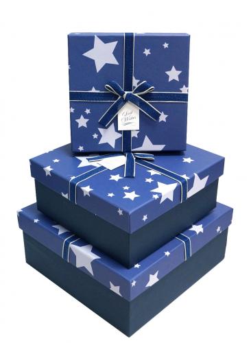 Набор из трёх квадратных подарочных коробок синего цвета с рисунком "Звёзды", размер 24*24*11 см.