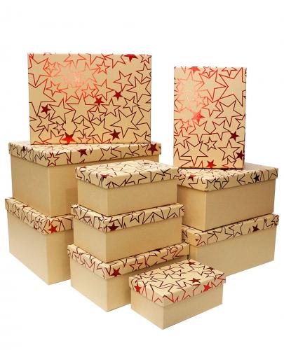 Набор из десяти прямоугольных подарочных коробок, отделка крафтовой бумагой с рисунком-тиснением «Красные звёзды», размер 35*26*16,5 см.