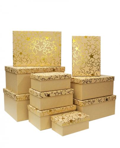 Набор из десяти прямоугольных подарочных коробок, отделка крафтовой бумагой с рисунком-тиснением «Золотые звёзды», размер 35*26*16,5 см.