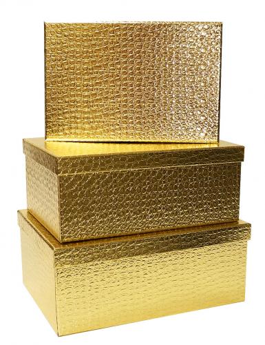 Набор из трёх прямоугольных подарочных коробок золотого цвета, отделка блестящей фактурной бумагой, размер 31*22*12,5 см.