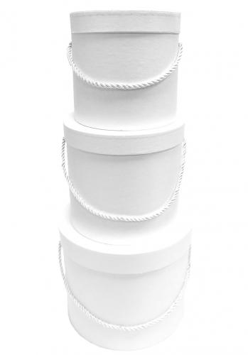 Набор из трёх круглых шляпных подарочных коробок белого цвета с ручками, отделка матовой бумагой, размер d 22* h 20 см.