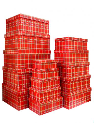 Набор из пятнадцати больших прямоугольных подарочных коробок, отделка матовой бумагой с рисунком "Красная шотландка", размер 52*41*23 см.