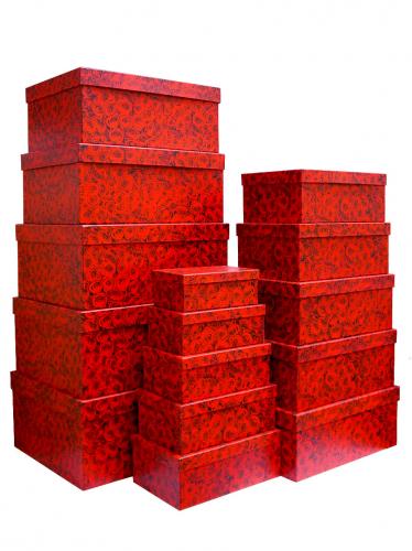 Набор из пятнадцати больших прямоугольных подарочных коробок, отделка матовой бумагой с рисунком Красные розы, размер 52*41*23 см.