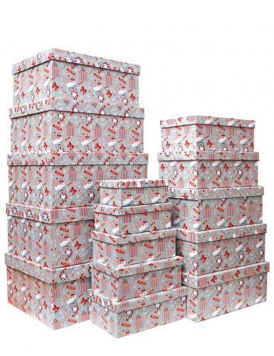 Набор ГИГАНТ из пятнадцати больших новогодних прямоугольных подарочных коробок, отделка матовой бумагой с рисунком "Орнамент Снеговик", размер 52*41*23 см.