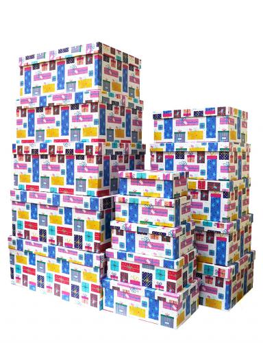 Набор ГИГАНТ из пятнадцати больших прямоугольных подарочных коробок, отделка матовой бумагой с рисунком Подарки, размер 52*41*23 см.