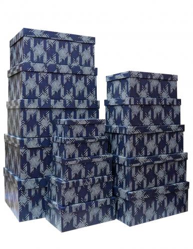 Набор ГИГАНТ из пятнадцати больших прямоугольных подарочных коробок, отделка матовой бумагой с рисунком Синий узор, размер 52*41*23 см.