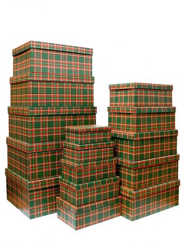 Набор ГИГАНТ из пятнадцати больших прямоугольных подарочных коробок, отделка матовой бумагой с рисунком "Зелёная шотландка", размер 52*41*23 см.