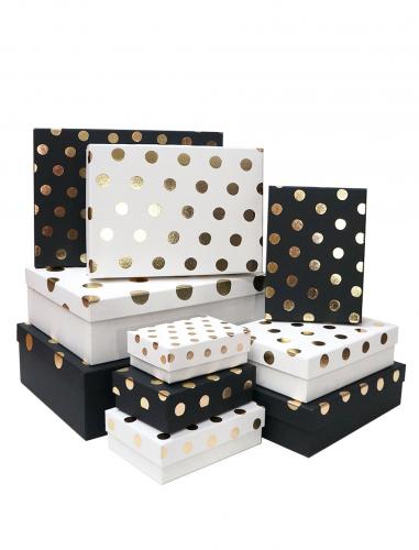Набор из десяти чёрных и белых прямоугольных подарочных коробок, отделка матовой бумагой с тиснением, размер 37*27*11 см.