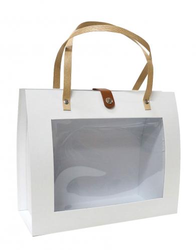 Прямоугольная подарочная коробка с ручкамии и прозрачным окошком, отделка матовой белой бумагой, размер 28*23*11,5 см.