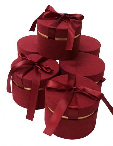 Круглые подарочные коробки бордового цвета с бантом, тканевая отделка, размер d12 * h9 см.