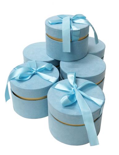 Круглые подарочные коробки голубого цвета с бантом, тканевая отделка, размер d12 * h9 см.