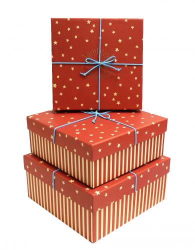 Набор из трёх квадратных подарочных коробок терракотового цвета с рисунком "Звёзды", размер 24*24*11 см.