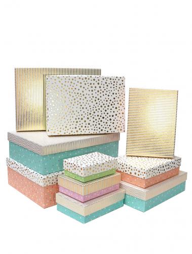Набор из десяти прямоугольных подарочных коробок пастельных расцветок, отделка матовой бумагой с тиснением, размер 37*27*11 см.
