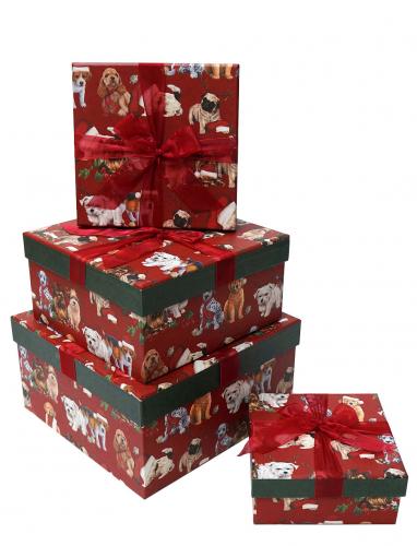 Набор из четырёх квадратных новогодних подарочных коробок, отделка матовой бумагой с рисунком "Щенки", размер 22*22*12 см.