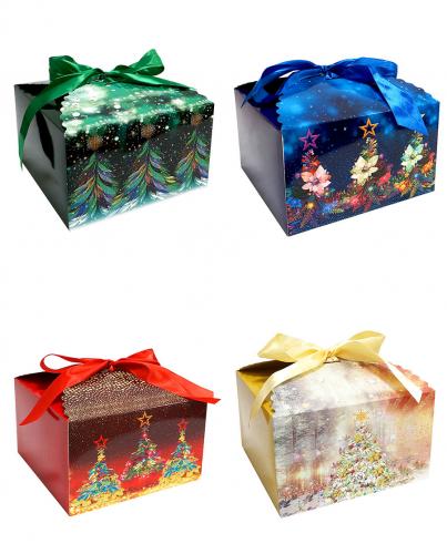 Набор из двенадцати складных новогодних подарочных коробок с бантом, размер 24*24*14,5 см.